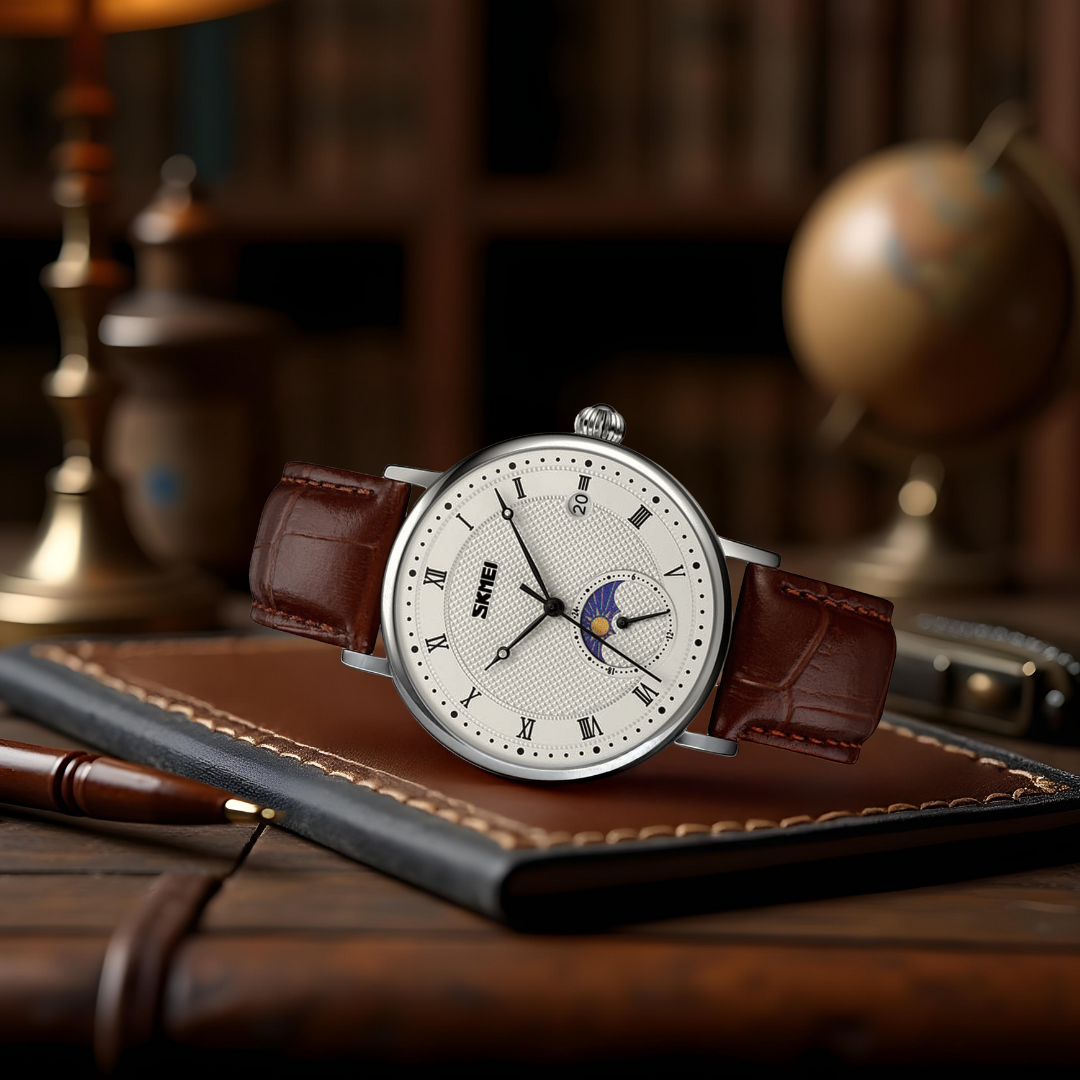 Relógio de Fase da Lua em Cristal de Aço Inoxidável