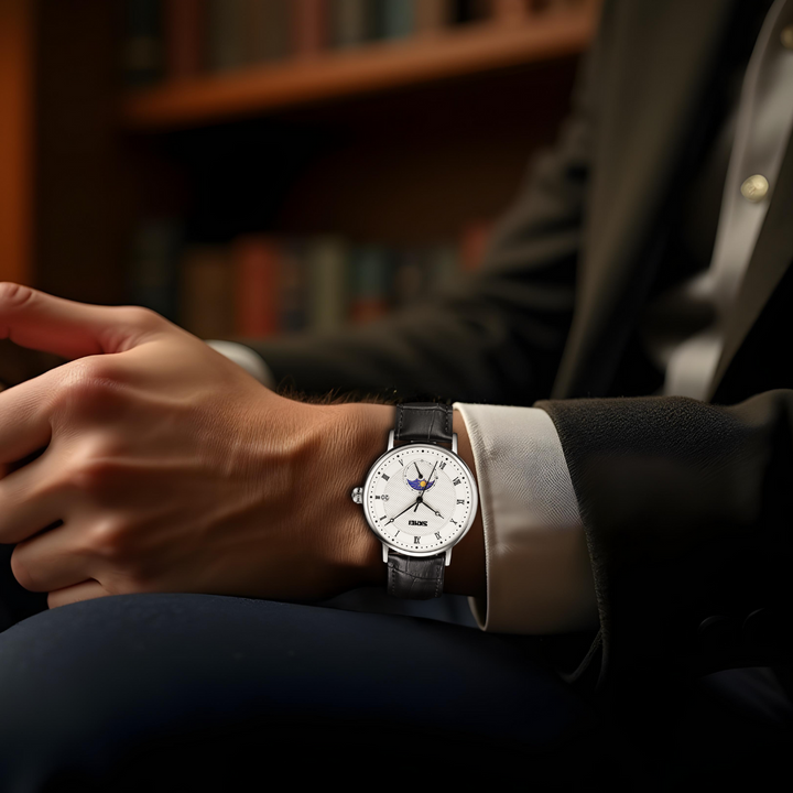 Relógio de Fase da Lua em Cristal de Aço Inoxidável