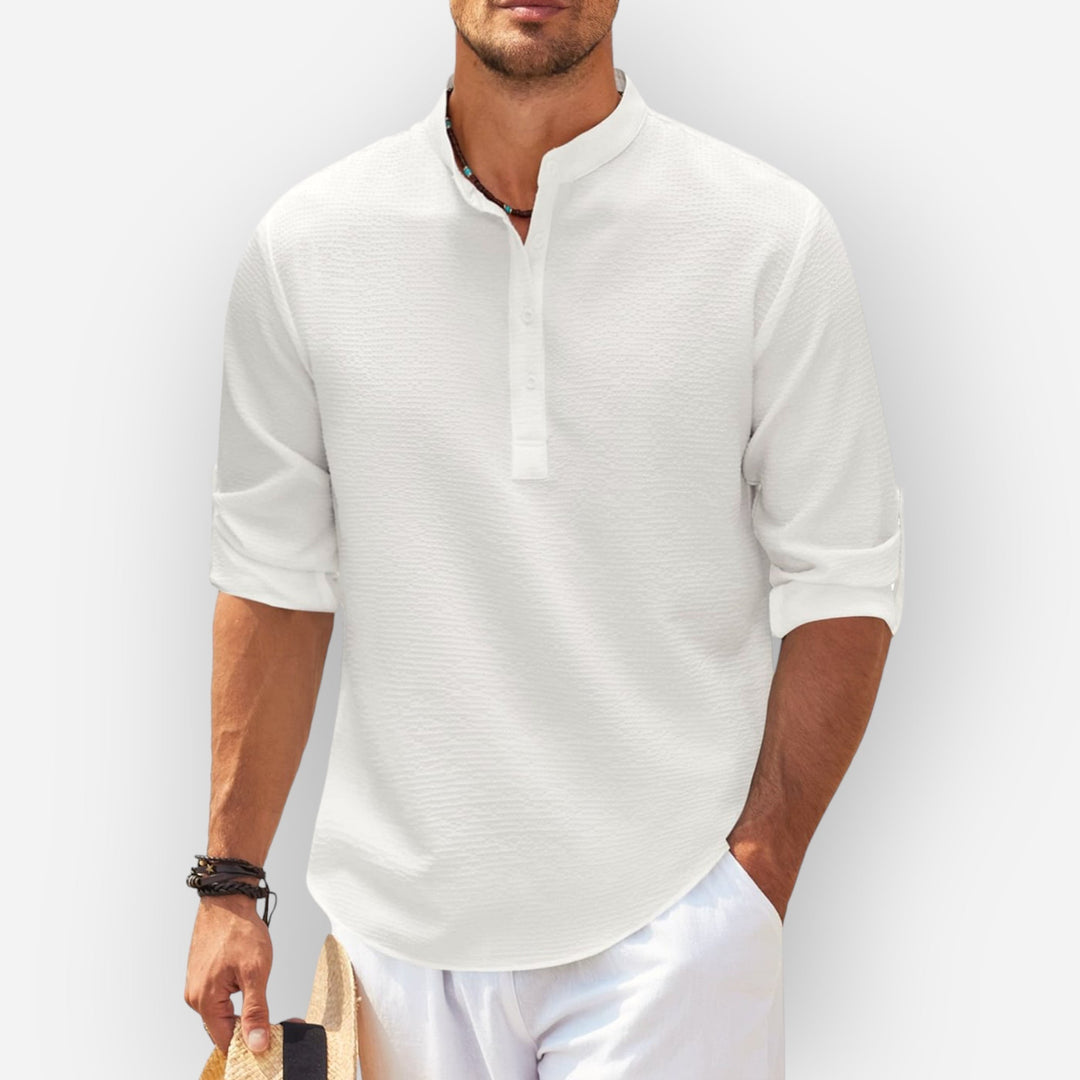 LucaMoretti™ Camisa Masculina de Algodão-Linho