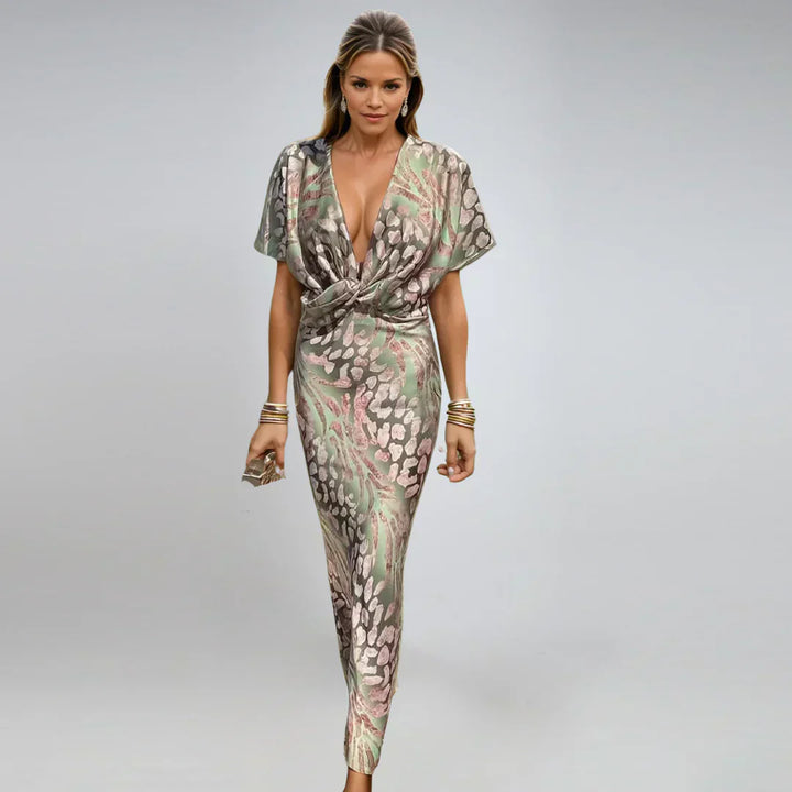 Kelsey - Vestido longo com decote em V e detalhe torcido