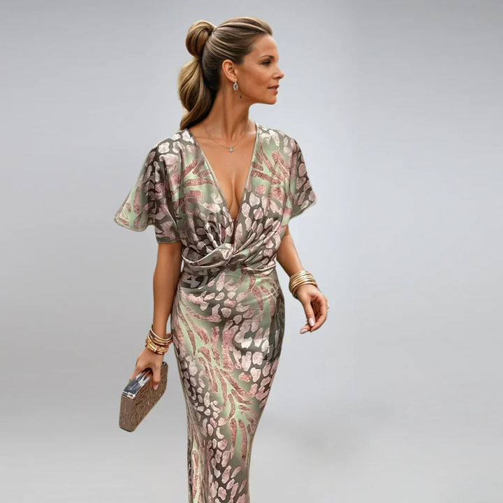 Kelsey - Vestido longo com decote em V e detalhe torcido