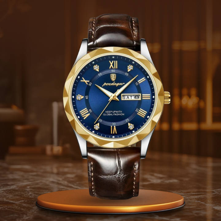 Relógio de Quartzo com Pulseira de Couro Luxuosa