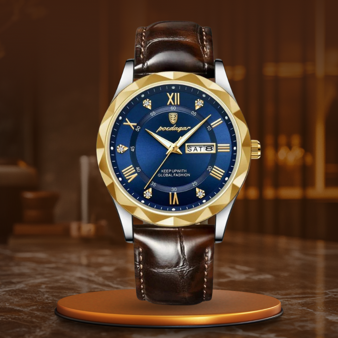 Relógio de Quartzo com Pulseira de Couro Luxuosa